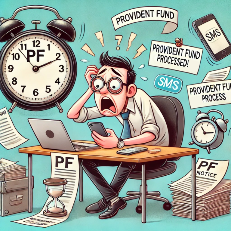 Humorous illustration of an employee anxiously checking multiple devices for PF claim updates with a large clock ticking in the background.