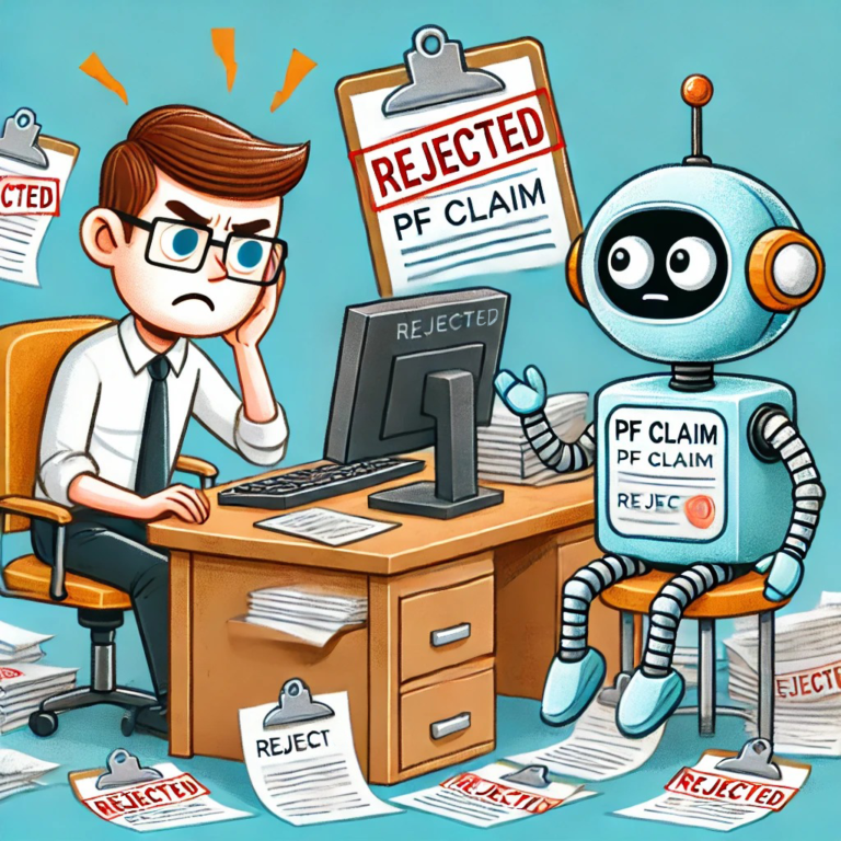 Frustrated office worker looking at a computer screen with 'rejected' papers around, while a friendly robot with a clipboard offers help.