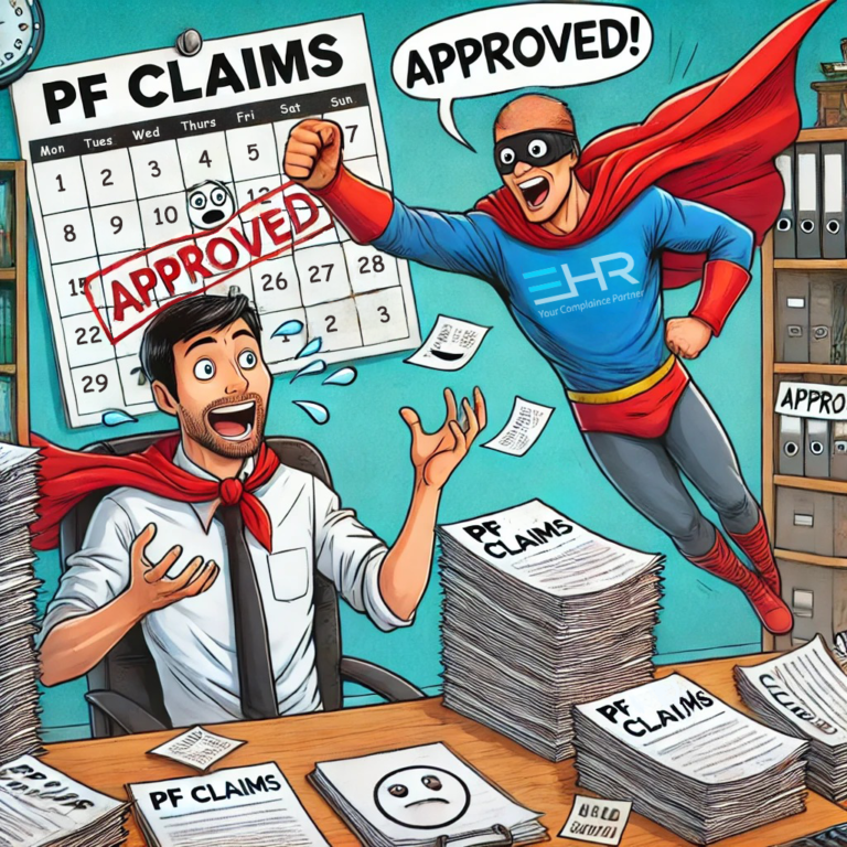 A chaotic office scene where an employee, looking stressed, juggles paperwork labeled 'PF Claims.' An HR representative in a superhero cape flies in with a stamp that says 'Approved!' In the background, a calendar with comical expressions highlights deadlines, creating a humorous take on the PF claim process.
