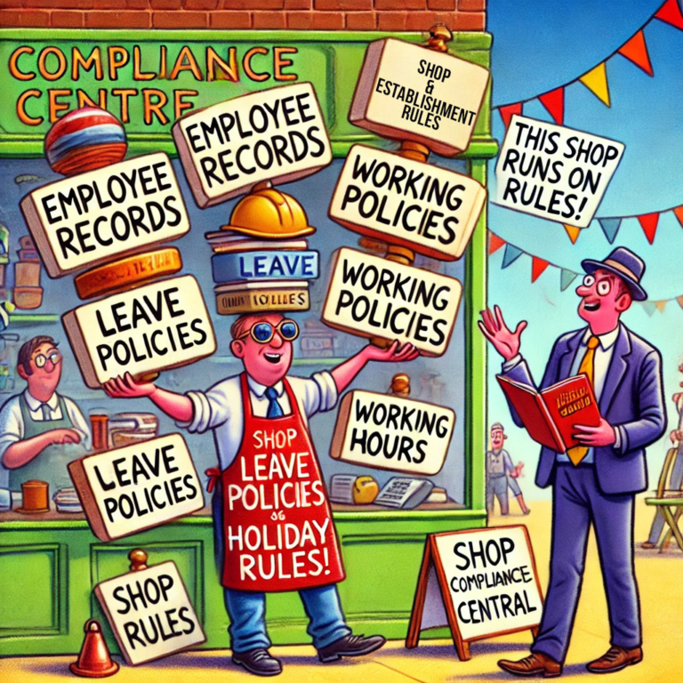 Cartoon of a shopkeeper juggling 'Employee Records,' 'Leave Policies,' 'Working Hours,' and 'Holiday Rules,' while an inspector observes with a 'Shop Compliance' checklist.