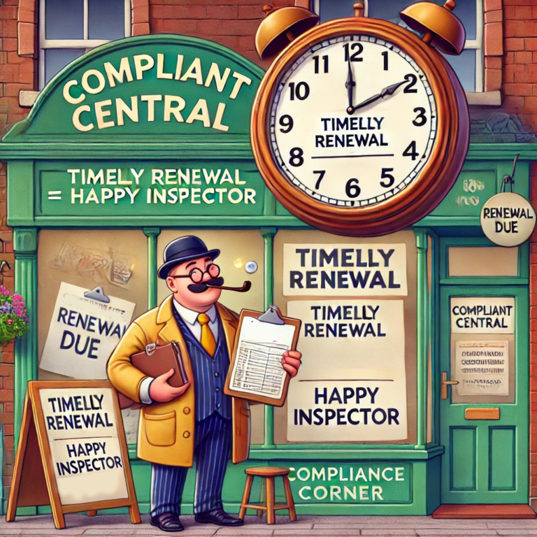 Cartoon of a shop named 'Compliant Central,' with a shopkeeper holding a clock and renewal paperwork, while an amused inspector reviews compliance.