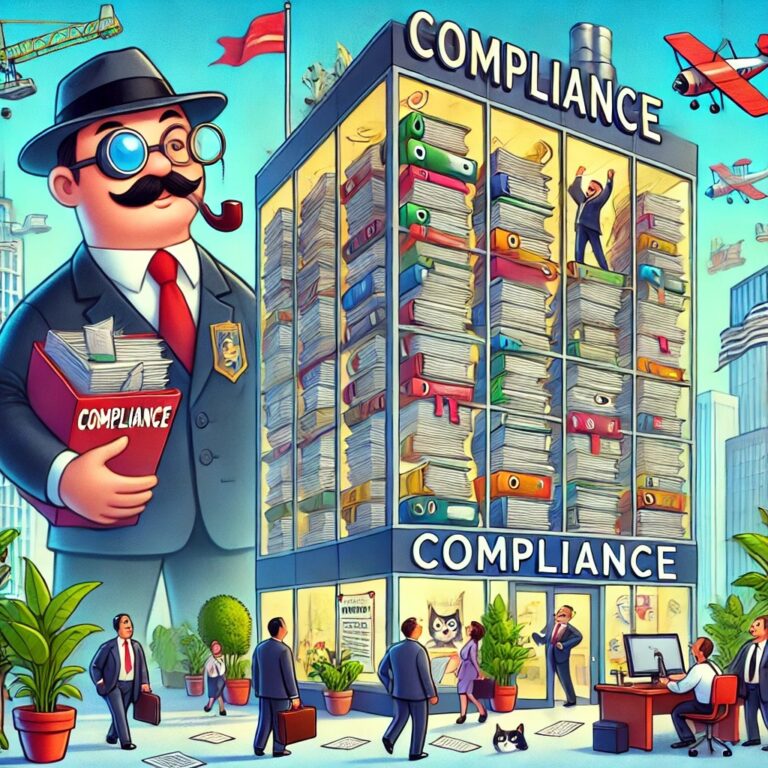 Cartoon of a corporate building surrounded by workers carrying oversized compliance binders, while an inspector observes with a clipboard.