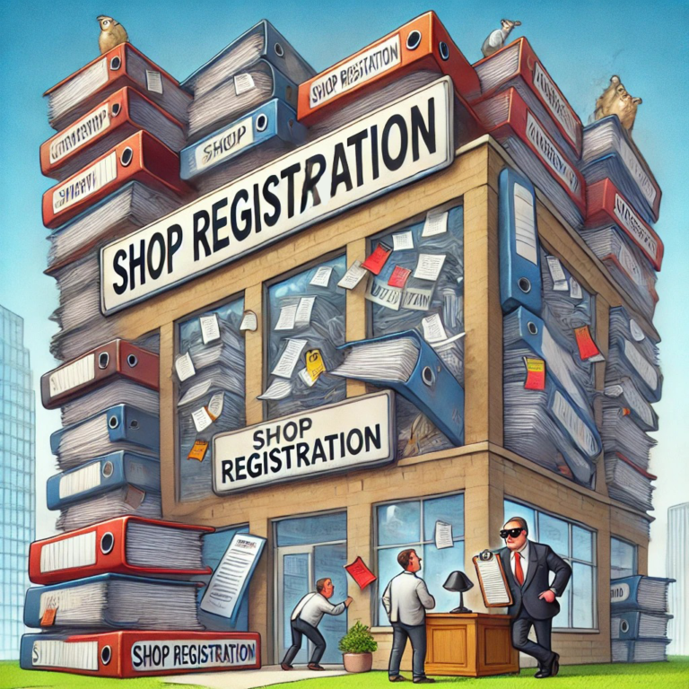 Cartoon of a corporate building surrounded by oversized binders and paperwork, with office workers organizing and an amused inspector watching