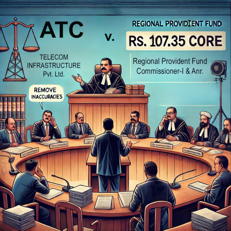 Illustration of a courtroom scene with ATC Telecom Infrastructure Pvt. Ltd. challenging the Regional Provident Fund over a demand of Rs. 107.35 crore, emphasizing the need to correct inaccuracies.
