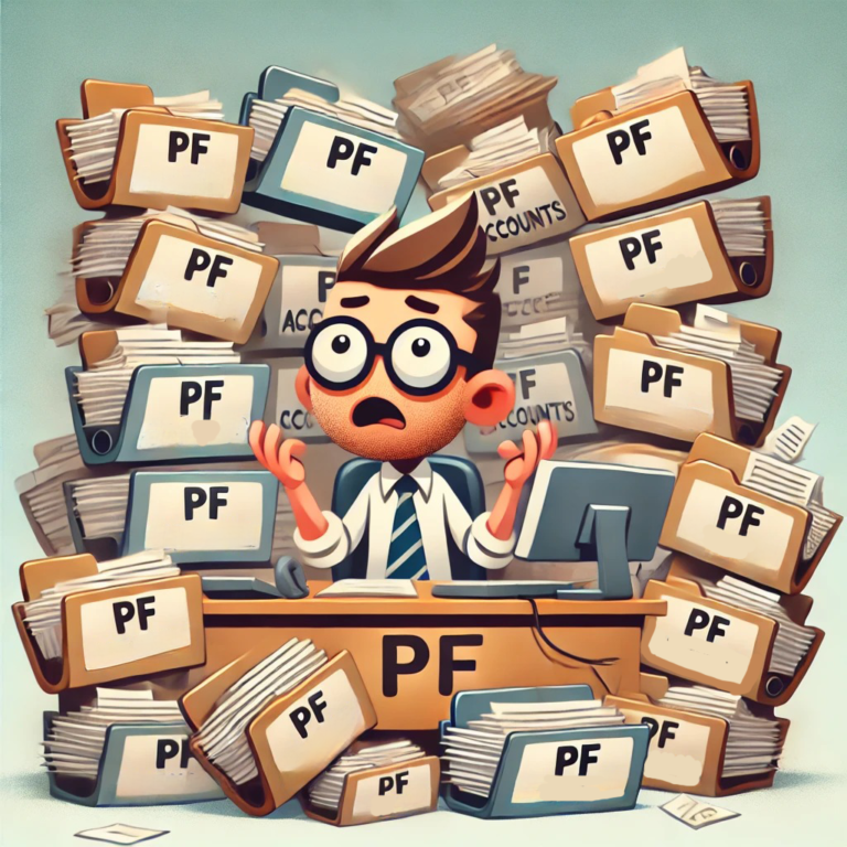 Cartoon of an office worker surrounded by PF account folders