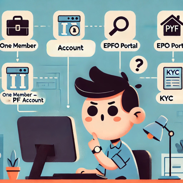 Cartoon-style illustration of a person looking confused at a computer, exploring PF portability solutions with icons for EPFO Portal, KYC, and One Member - PF Account.