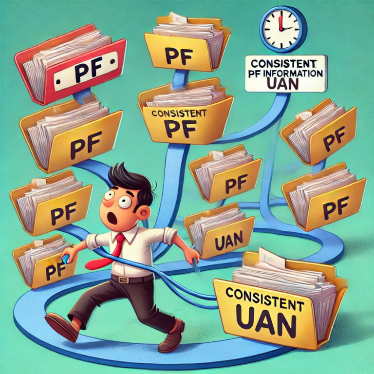 A cartoon illustration of a person overwhelmed by multiple PF files connected to different job accounts, representing the importance of consistent PF account information to simplify management.