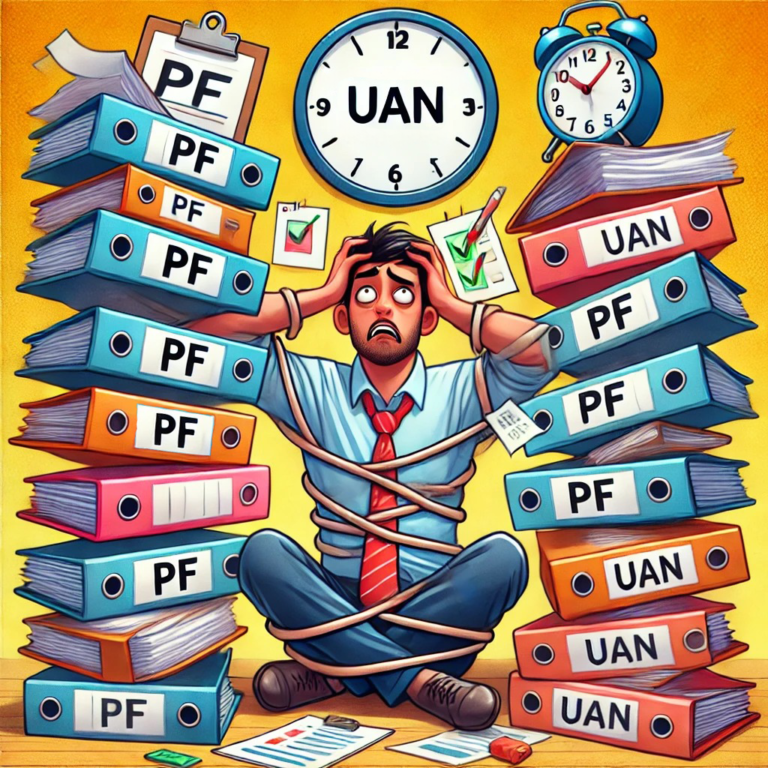 A humorous illustration of a stressed employee tangled in multiple "PF" and "UAN" folders, highlighting the solution of "Consistent UAN" for easy management, emphasizing the importance of updating PF account information.