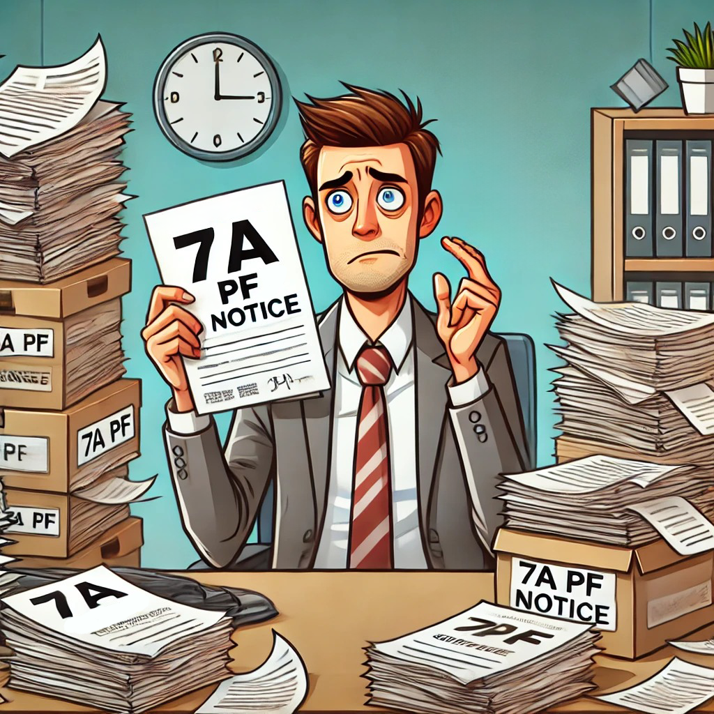 A cartoon of a confused employer holding a magnifying glass and a 7A PF notice, with a worried expression.