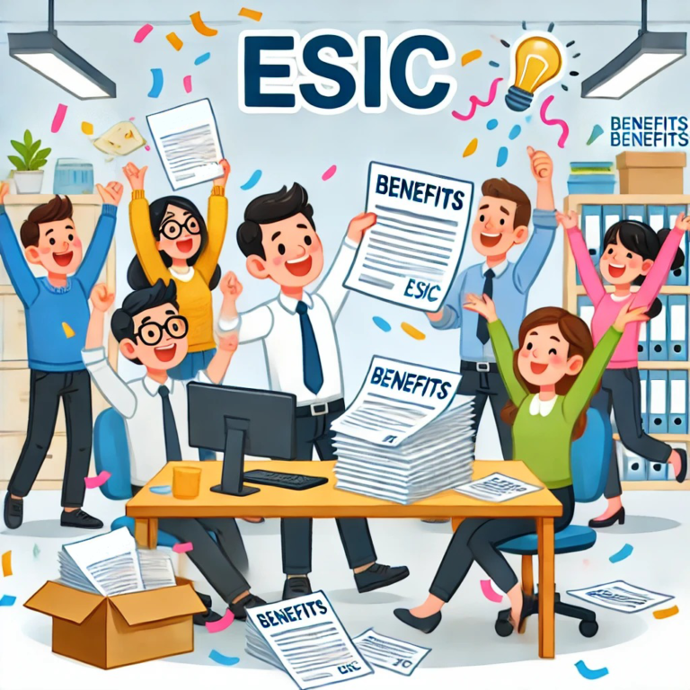 Cartoon illustration of a cheerful office scene with employees celebrating their ESIC benefits.