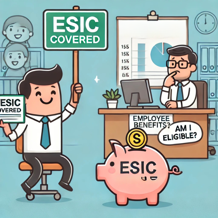 A cartoon-style image of an office worker happily holding an 'ESIC Covered' sign, while another employee looks puzzled holding a sign that says 'Am I Eligible?'. In the background, an employer sits at a desk reviewing an ESIC contribution chart, while a piggy bank labeled 'Employee Benefits' sits beside it.