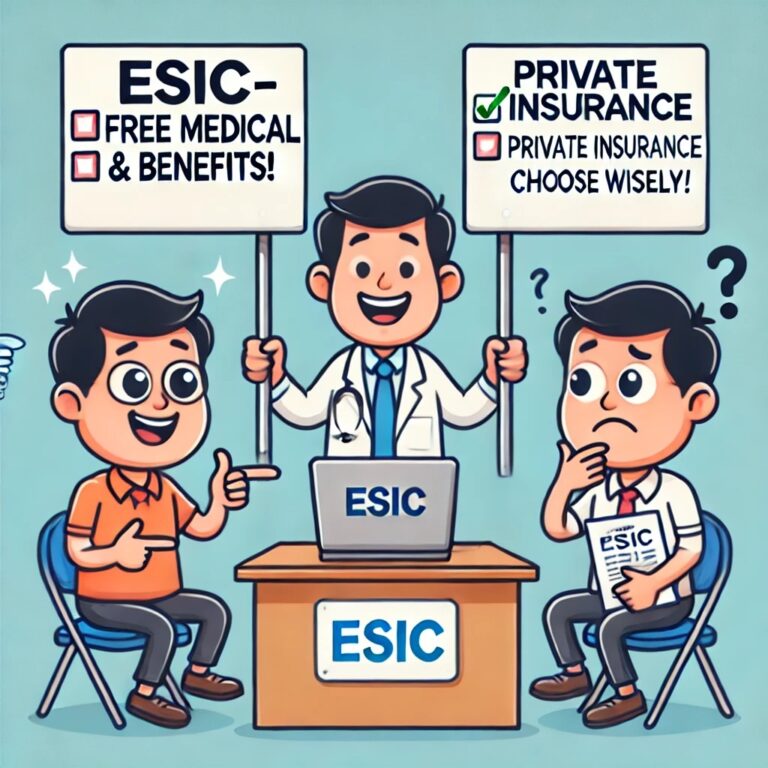 A cartoon-style image of two employees comparing health insurance options. One employee is happily sitting under a sign that says 'ESIC - Free Medical & Benefits!', while the other looks confused under a sign that says 'Private Insurance - Choose Wisely!'. An ESIC officer is smiling and giving a thumbs-up.