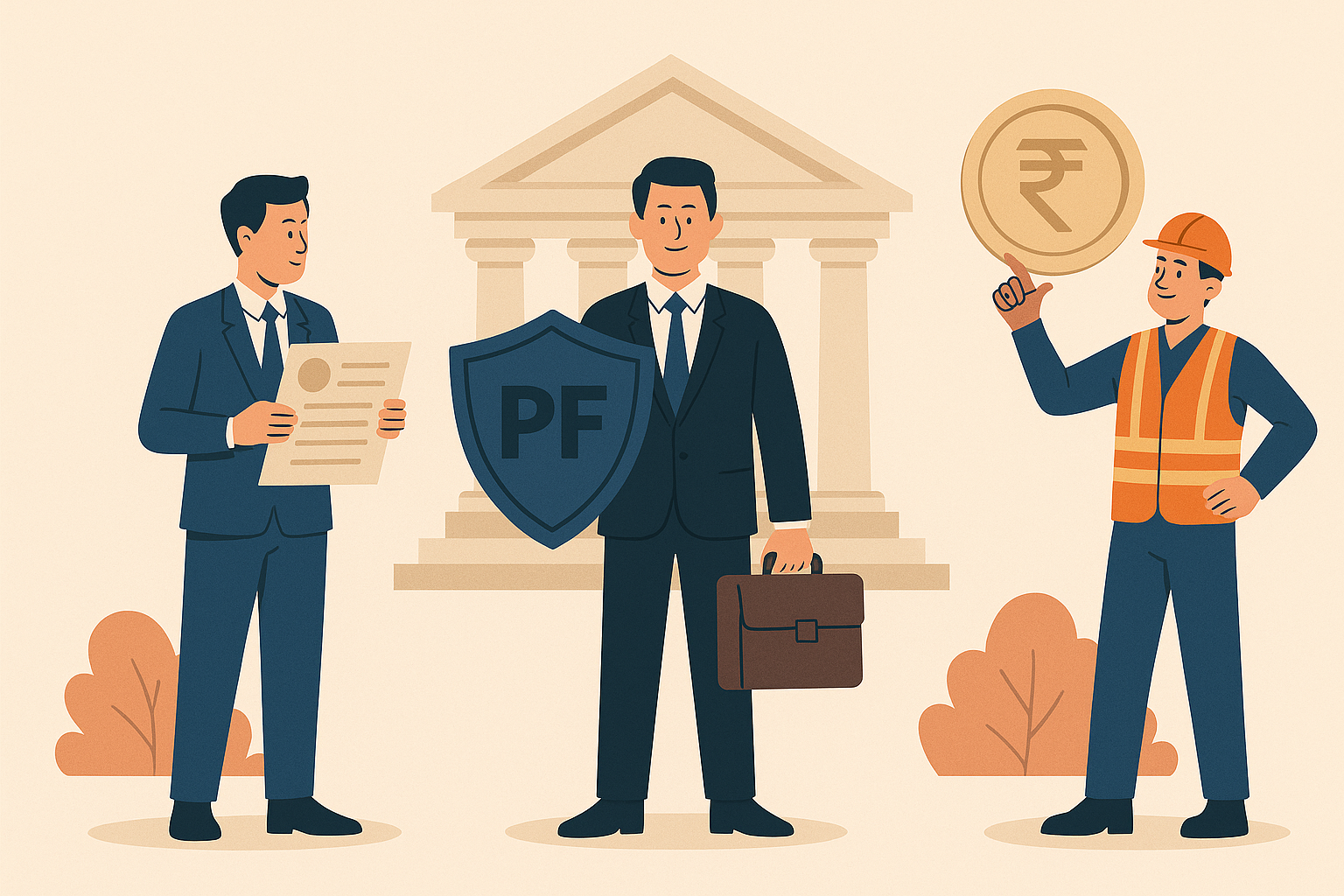 Flat illustration showing professionals, a contractor, and a legal shield representing PF compliance and employer liability.