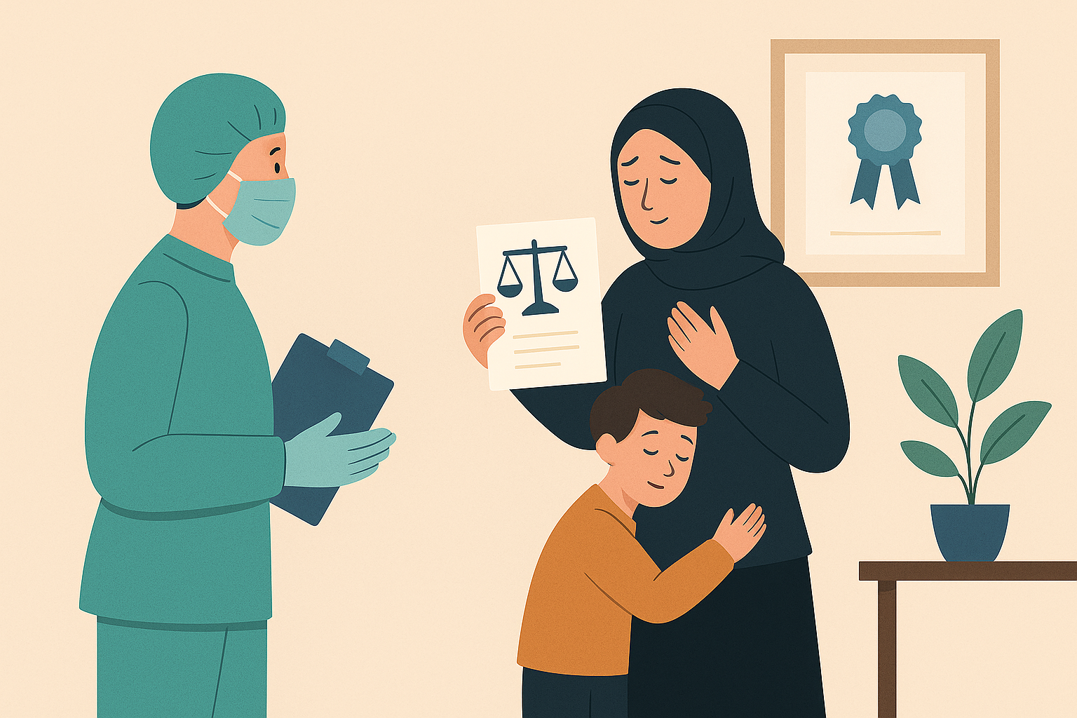 Flat-style illustration showing legal judgment on ESI benefits for Covid frontline workers.