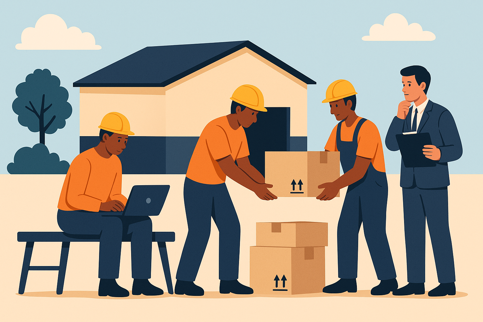 A flat-style illustration showing independent contractors working outside a company without supervision.