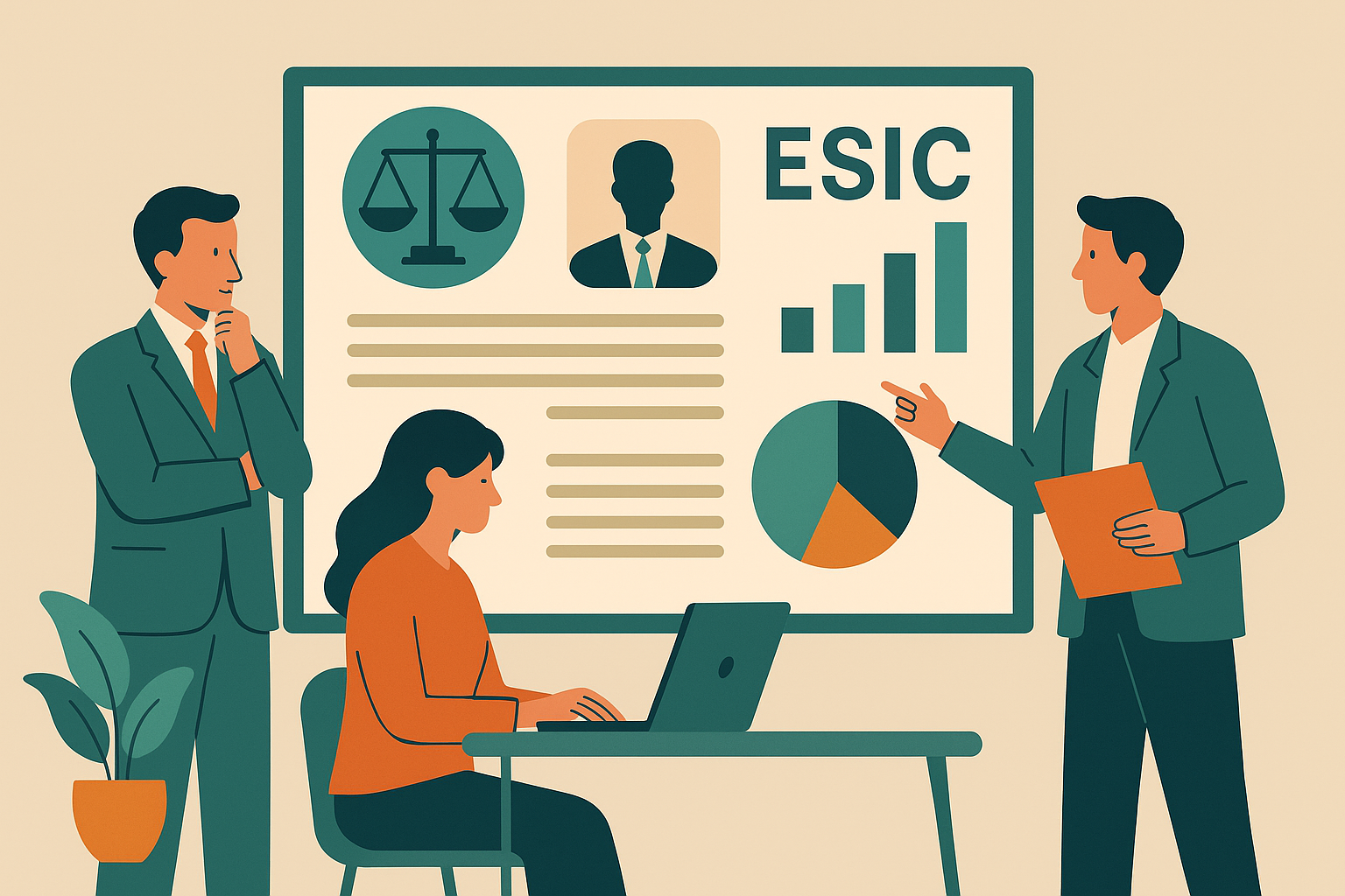 Flat illustration of professionals analyzing ESIC case data and legal documents in an office setting