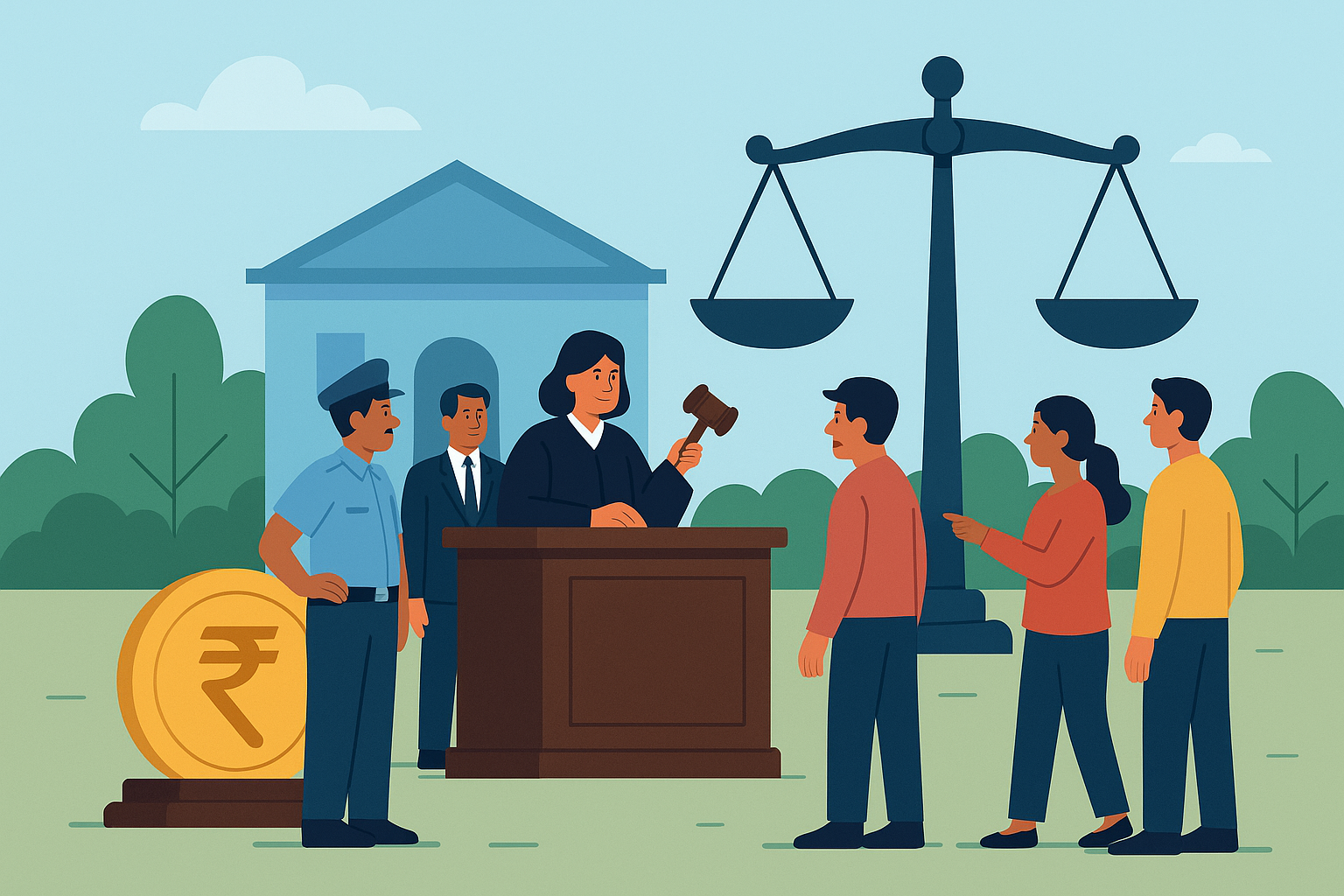 Illustration of a legal case showing a security guard, judge, and balance scales symbolizing gratuity rights for contract workers in India