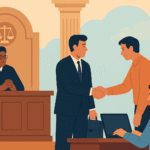 A flat-style digital illustration showing a courtroom scene with a judge on the bench and professionals shaking hands, symbolizing a legal case resolution.