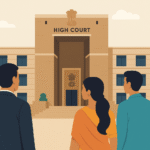 A flat-style illustration showing three people standing in front of the Gujarat High Court building with symmetrical architecture and the Ashoka Pillar emblem.