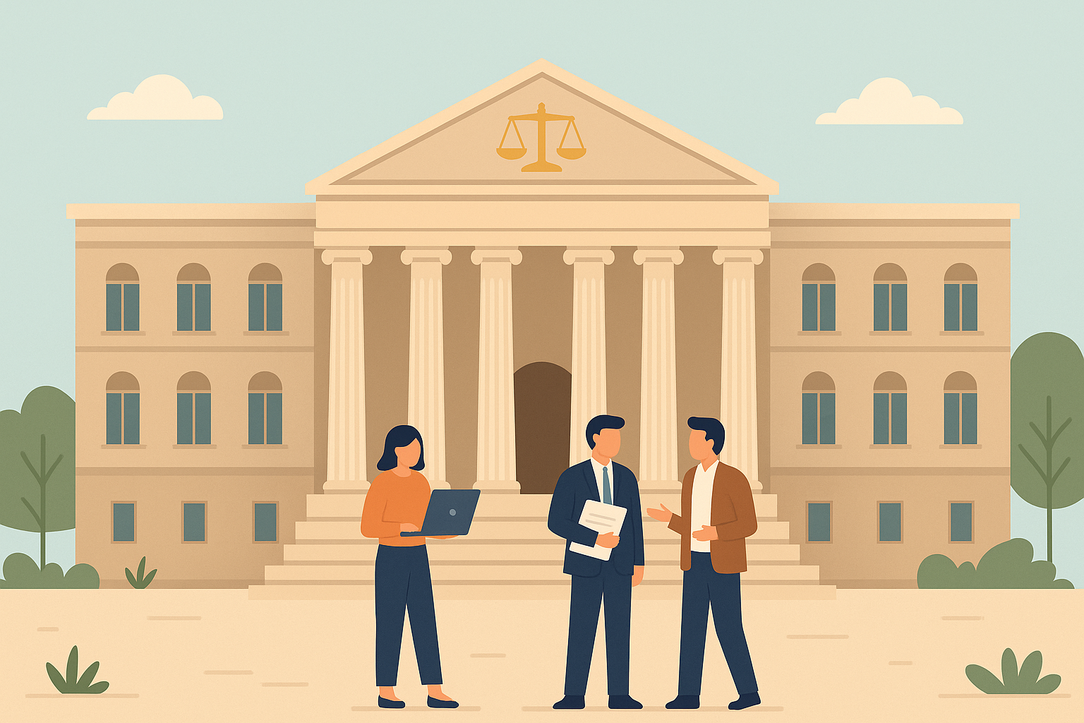 Flat-style illustration showing professionals outside the Calcutta High Court building with gothic architecture, symbolizing EPF law and workplace compliance.