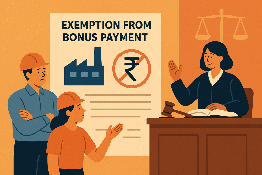 A flat-style vector illustration showing a courtroom scene with a judge and two factory workers discussing exemption from bonus payment under Indian labor law, with a rupee symbol replacing the dollar sign to signify the Indian context.