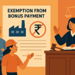 A flat-style vector illustration showing a courtroom scene with a judge and two factory workers discussing exemption from bonus payment under Indian labor law, with a rupee symbol replacing the dollar sign to signify the Indian context.