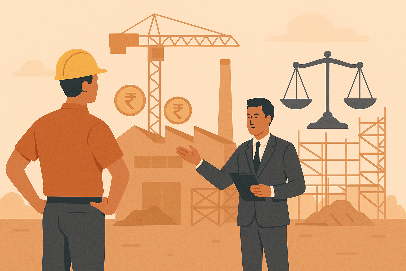 Flat vector illustration showing a construction worker and a suited inspector discussing ESI contribution liability at a textile factory under construction, with rupee symbols and justice scales in the background.