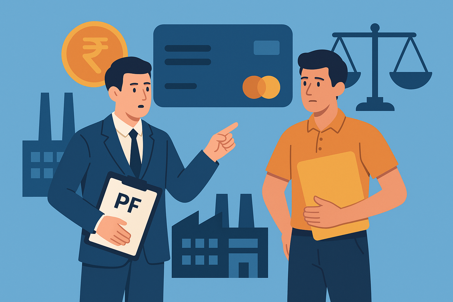 Flat vector illustration showing a conversation between a Provident Fund inspector and a corporate representative discussing EPF KYC compliance, with rupee icons, justice scales, and a factory in the background symbolizing legal and financial responsibility.