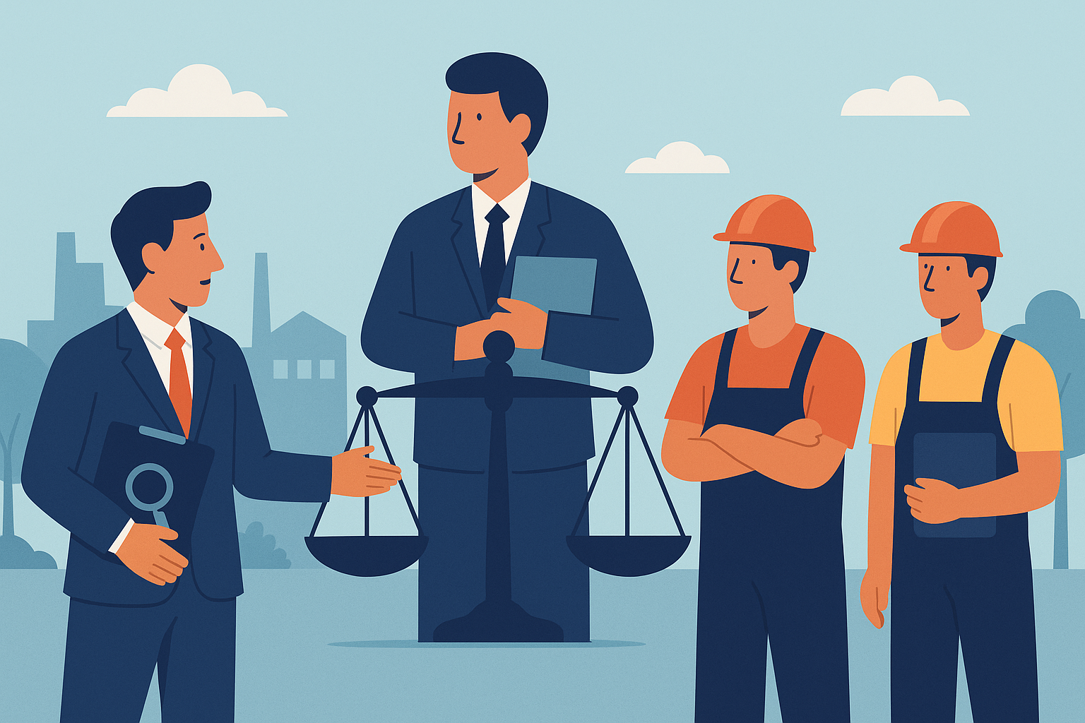 Flat vector illustration showing a legal compliance scene with an EPF officer holding documents and discussing with a company representative and two contractors, while scales of justice stand in the center symbolizing fairness under Section 7A of the EPF Act.