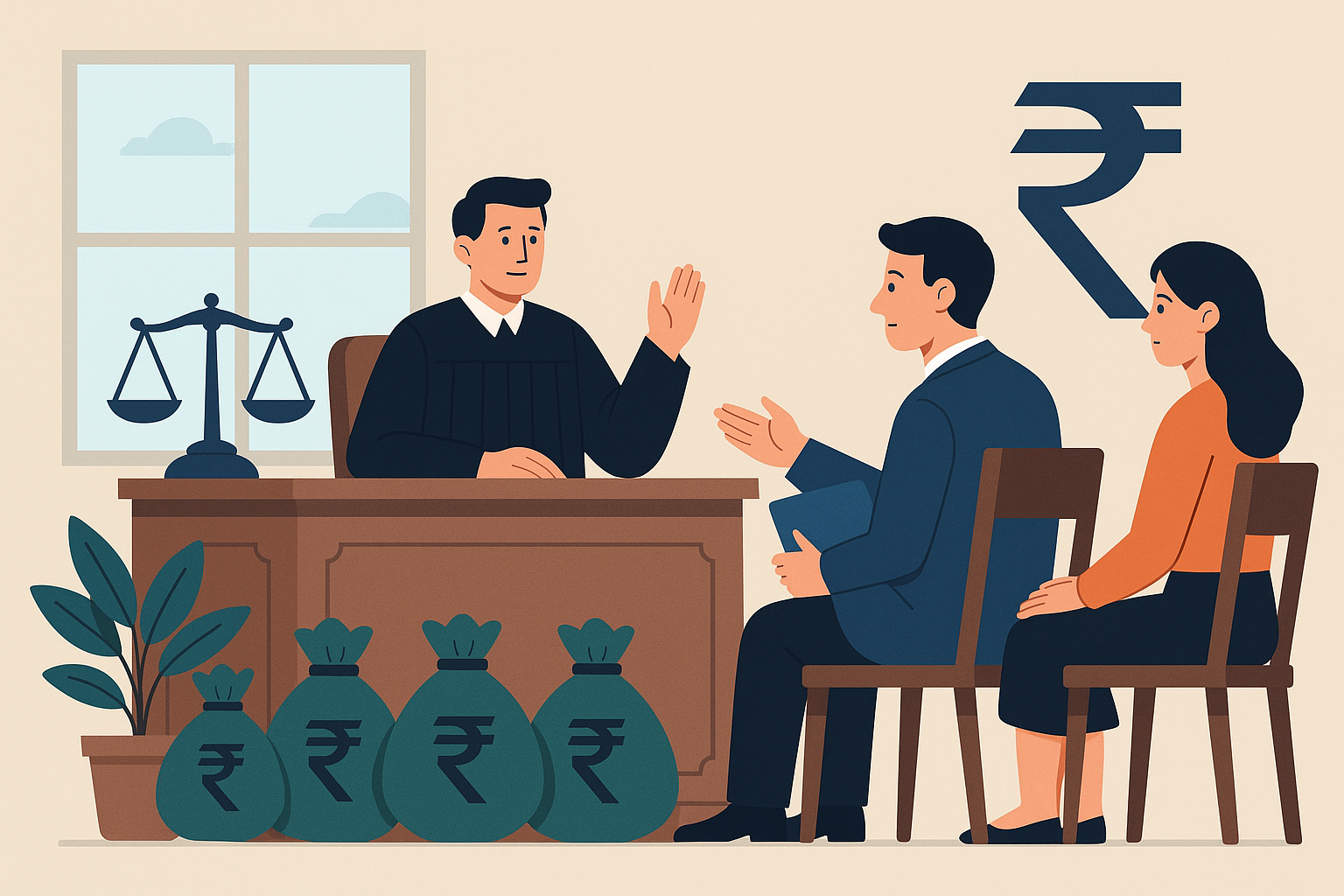 Flat vector illustration showing a courtroom scene where a judge and lawyer discuss financial recovery, featuring rupee symbols and scales of justice to symbolize an EPF recovery stay by the Kerala High Court.