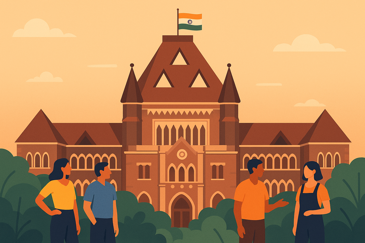 Bombay High Court building illustration with diverse workers representing regularisation of contract employees, flat vector style.