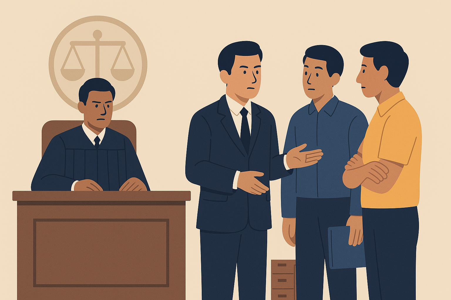 Flat vector illustration of a courtroom scene showing a judge and professionals discussing an EPF liability case – Madras High Court 2025.