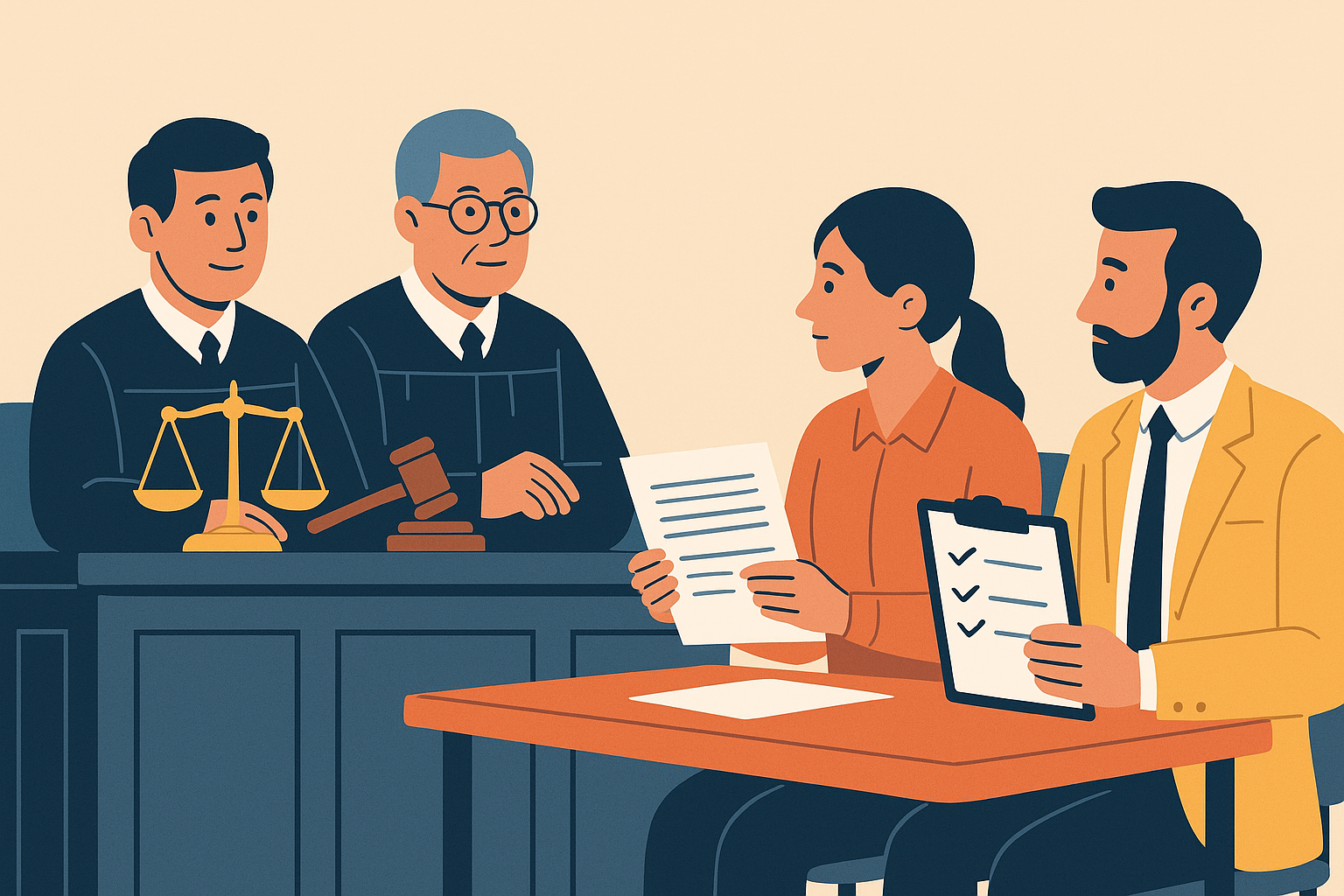 Flat illustration showing two judges, lawyers, and HR professionals in a courtroom discussing PF liability case – Madhya Pradesh High Court 2025.