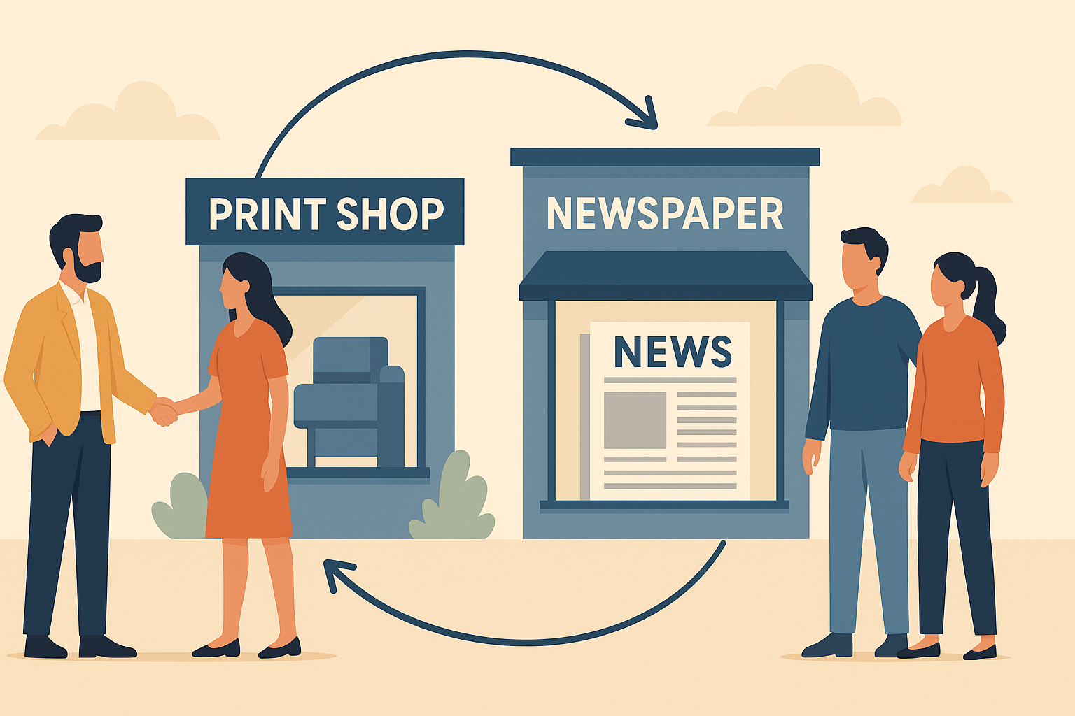 Flat-style illustration showing two family-owned business units—a print shop and newspaper office—operating side by side, with people collaborating to represent unity of ownership and functional integration under the EPF Act.