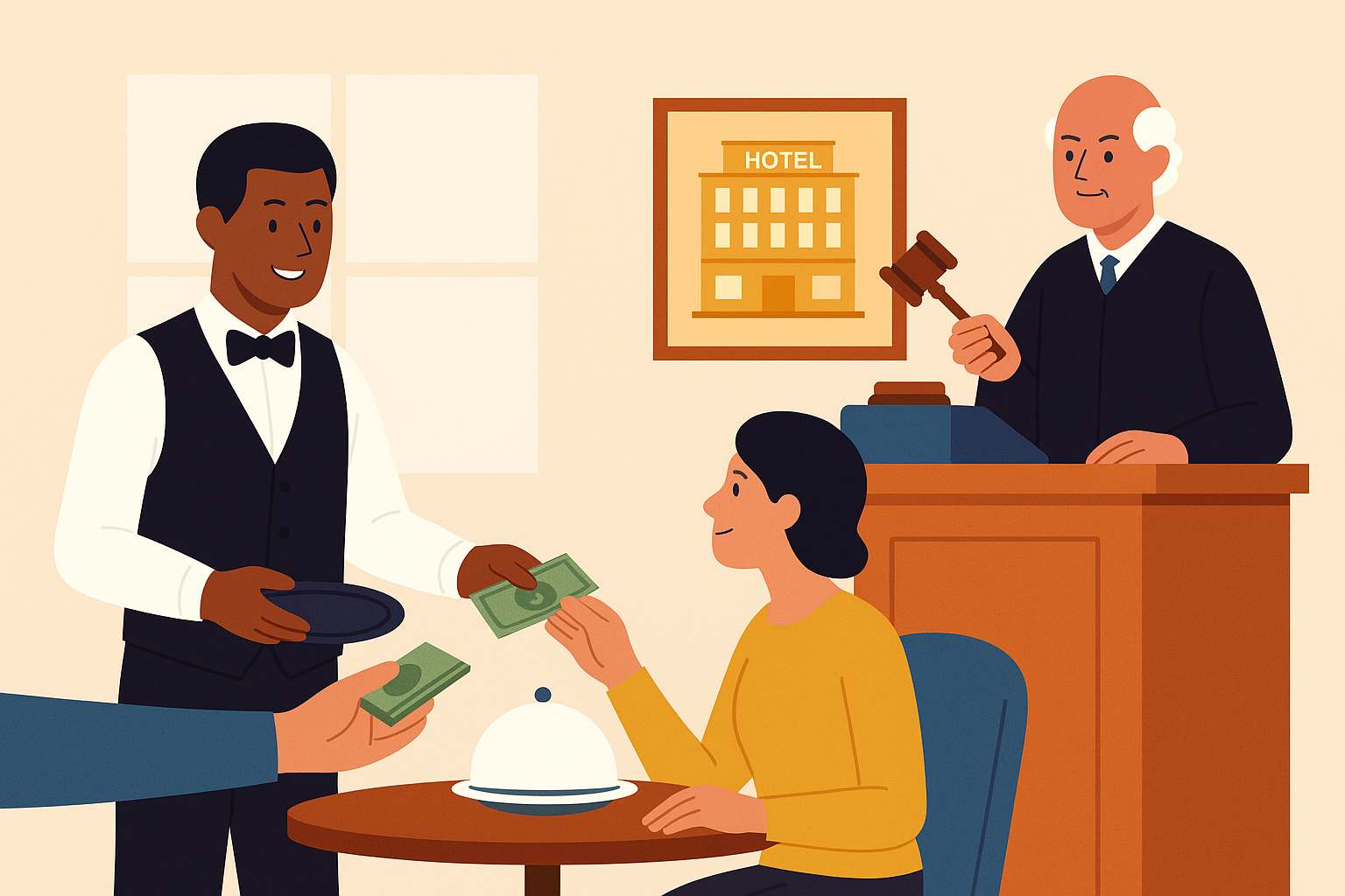 “Flat-style illustration of a hotel waiter receiving tips from a guest, symbolizing the Supreme Court’s ruling that tips and service charges are not management payments under the Industrial Disputes Act.”